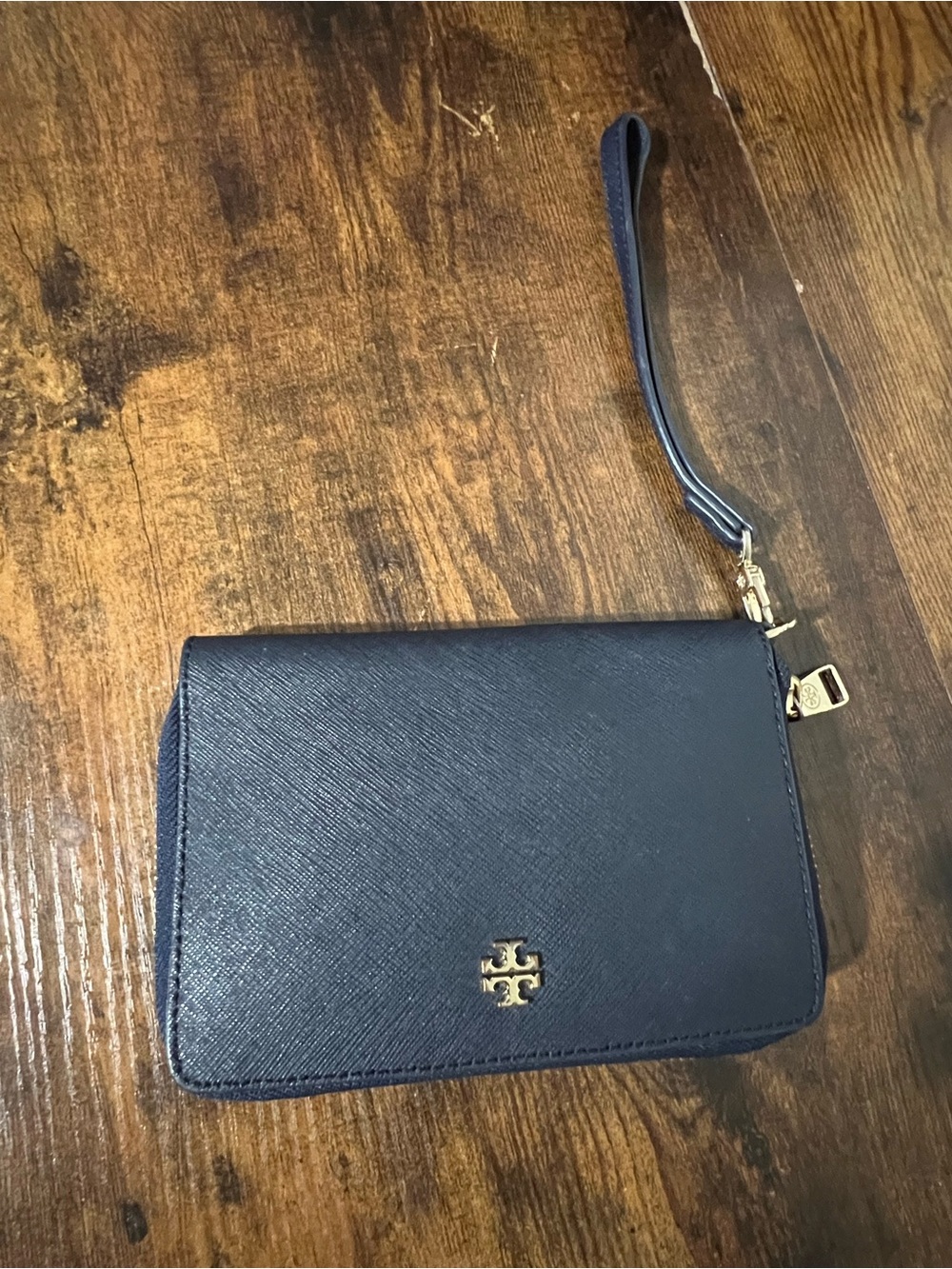 Tory Burch Navy Saffiano Leather Wristlet with Gold Logo